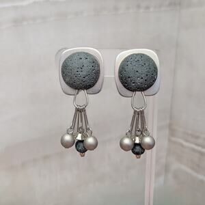 Vintage Clip On Earrings Large Statement Dangle Silver Tone & Muted Dark Blue